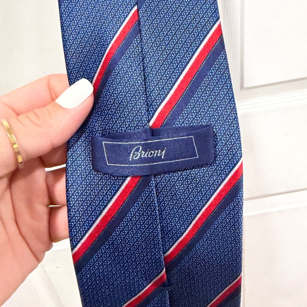Brioni Mens Silk Tie Blue Red White Diagonal Regimental Stripe Handmade Italy